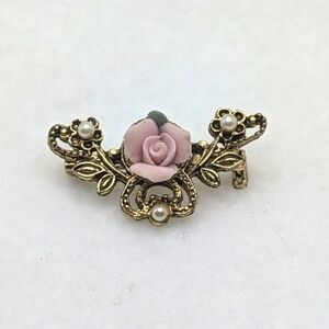 Vintage Gold Tone Porcelain Rose Faux Pearl Brooch Pin